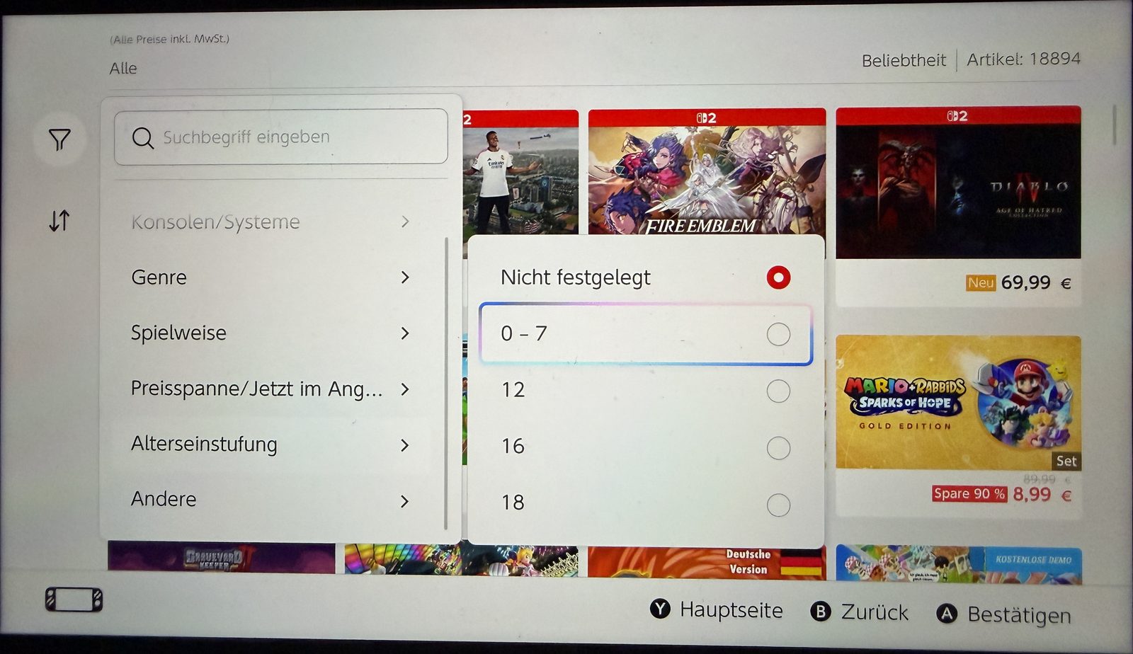 Nintendo eShop mit geoeffnetem Filtermenue: Alterseinstufung mit den Stufen Nicht festgelegt, 0 bis 7, 12, 16 und 18